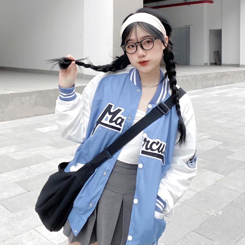 Áo Khoác Dù VARSITY MARCUS màu XANH/ĐEN  Nam nữ unisex  Áo Bomber vải dù 2 lớp form rộng Jaystoree2