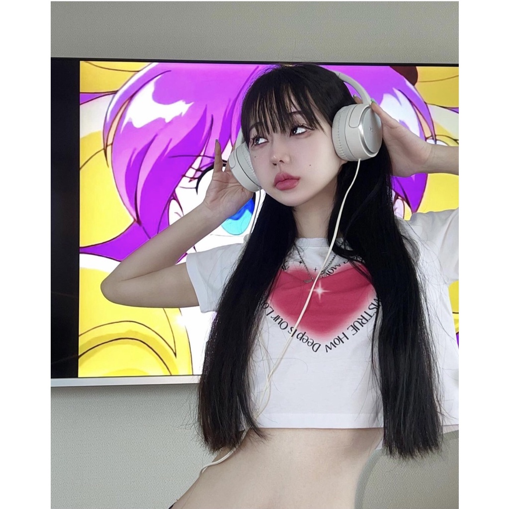 ÁO THUN CROPTOP NỮ TRÁI TIM TRUE 2 MÀU DỄ THƯƠNG CÓ FREESIZE <72KG