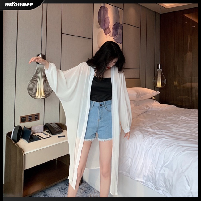 Áo Khoác Cardigan Chiffon Tay Phồng Dài Qua Gối Màu Sắc Trơn Thoáng Khí Thời Trang Đi Biển Cho Nữ