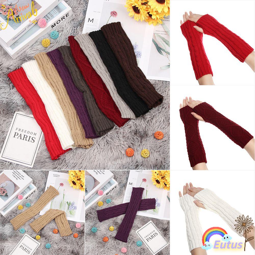 Găng Tay Len Dài Hở Ngón Co Giãn Giữ Ấm Mùa Đông