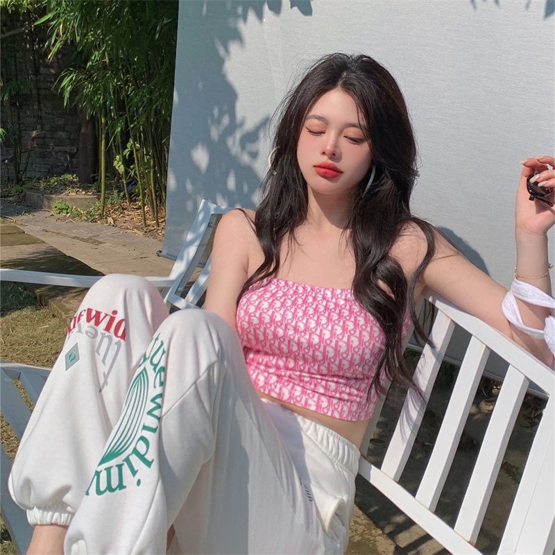 Cocory vn Áo Croptop Không Tay Hở Vai In Chữ Quyến Rũ Thời Trang Mùa Hè Dành Cho Nữ