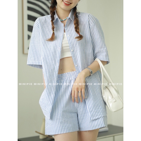 Set Bộ Sơ Mi Sọc Tay Ngắn Kèm Quần Short Lưng Chun Có Lót Chất Liệu Xốp Cotton Màu Xanh Lá Hồng Vàng Xanh Biển - Minipie