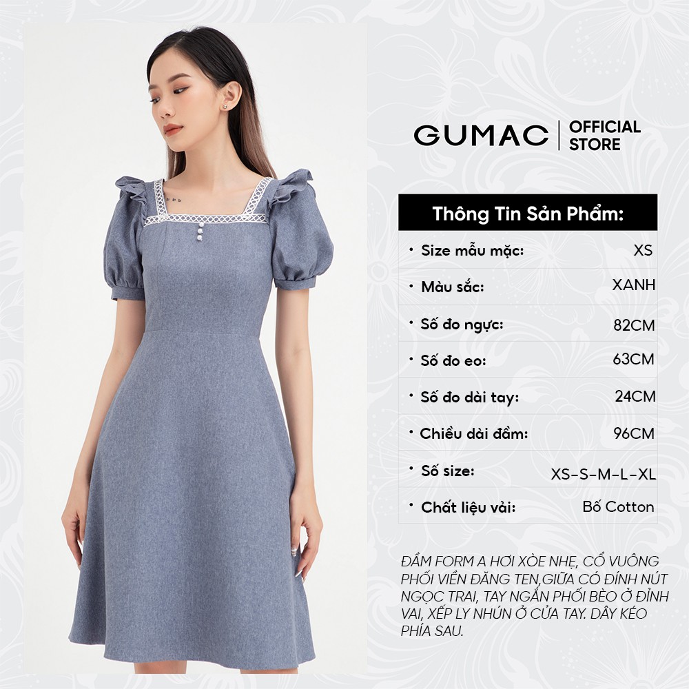 [Mã MABR07062 giảm 8% tối đa 50K đơn từ 249K] Đầm chữ A nữ cổ vuông GUMAC phong cách công sở, thanh lịch màu xanh DB439 | BigBuy360 - bigbuy360.vn