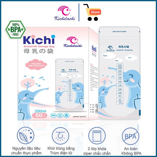 10 - 50 túi trữ sữa 250ml không BPA, không mùi & 2 khóa zip an toàn cho Bé KICHILACHI (Hình con voi dễ thương)