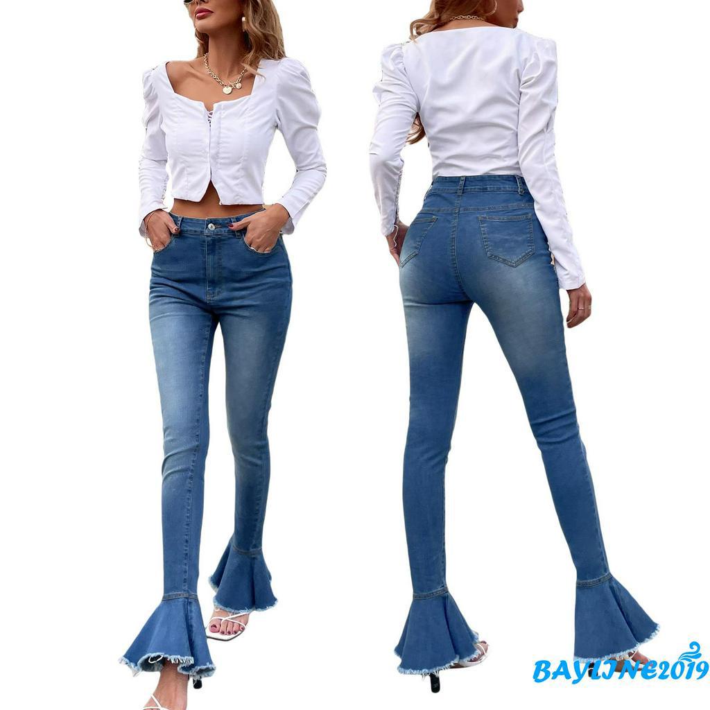 Quần Jeans Nữ Lưng Cao Ống Loe Thời Trang