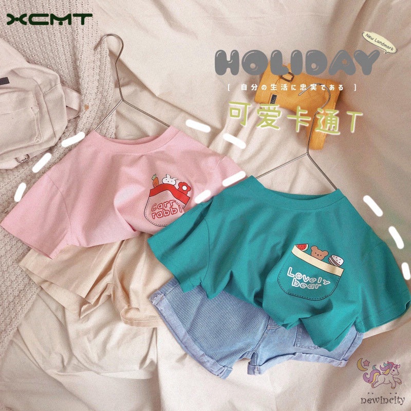 Áo Thun Tay Ngắn Cổ Tròn In Họa Tiết Hoạt Hình Phong Cách Hàn Quốc Cho Bé Gái