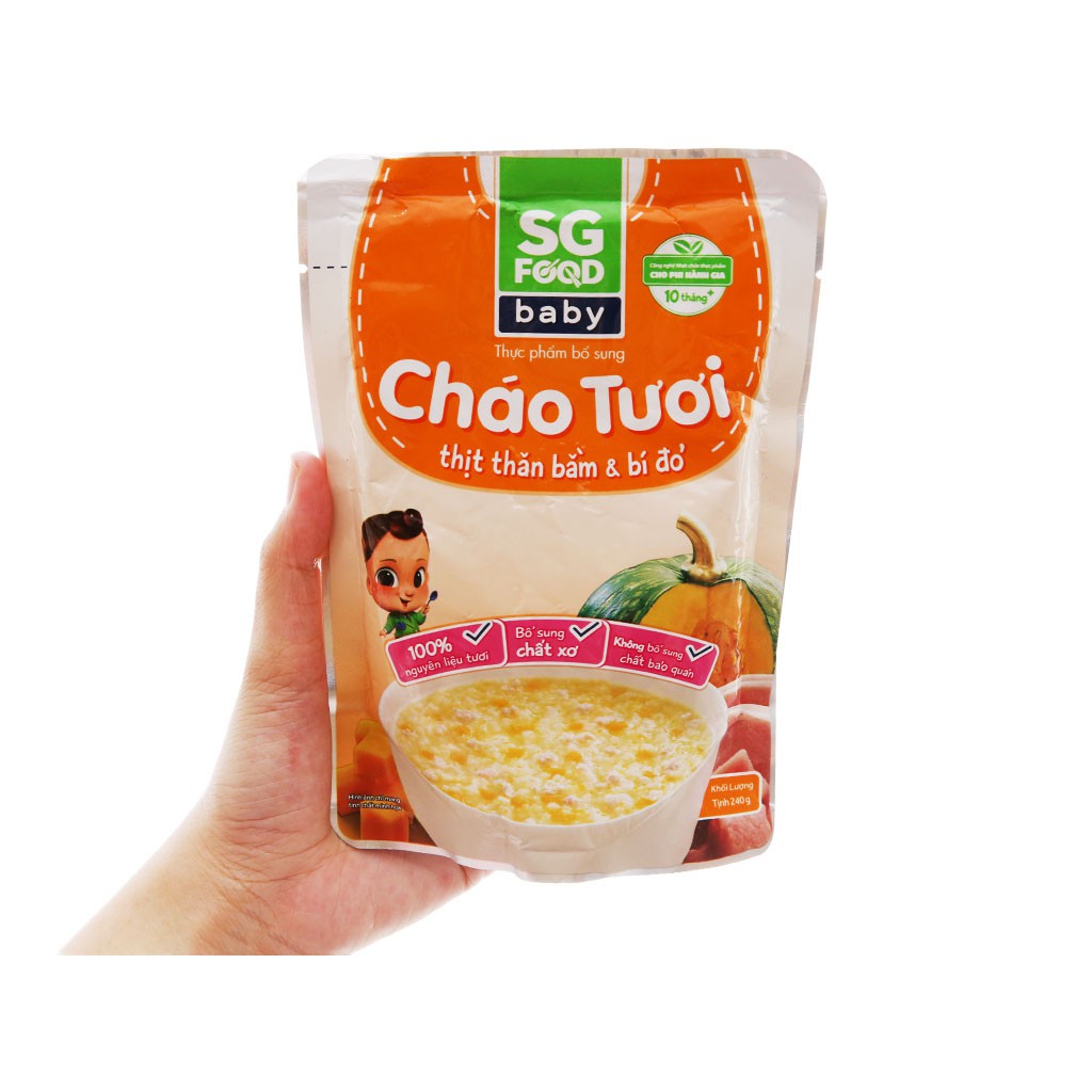 [CHÍNH HÃNG] Cháo Tươi SG Food Baby, bổ dưỡng cho bé ăn dặm thịt Thăn Bằm &amp; Bí Đỏ Gói 240g (Tươi ngon như mẹ nấu)