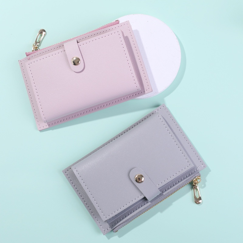 Ví Ngắn Bằng Da Có Khóa Kéo / Nhiều Ngăn Đựng Thẻ Màu Trơn Thời Trang Hàn Quốc Cho Nữ