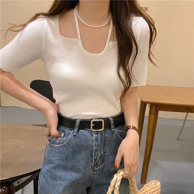 Áo Thun Dệt Kim Dáng Ngắn Phối Dây Buộc Cổ Dễ Phối Đồ