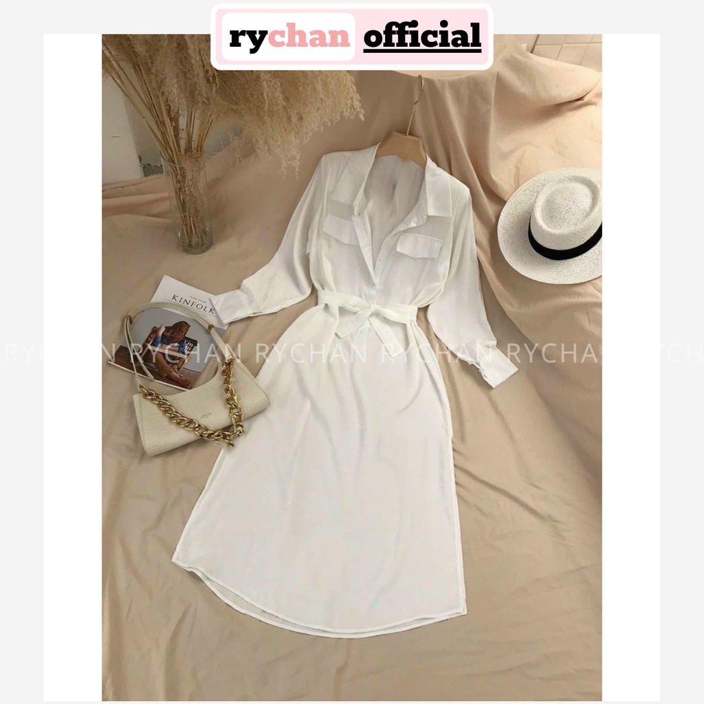 Đầm Suông Sơ Mi Midi Tay Dài Xẻ Tà Kèm Dây Eo 3 Màu [Ảnh Thật Cuối] - DS0104