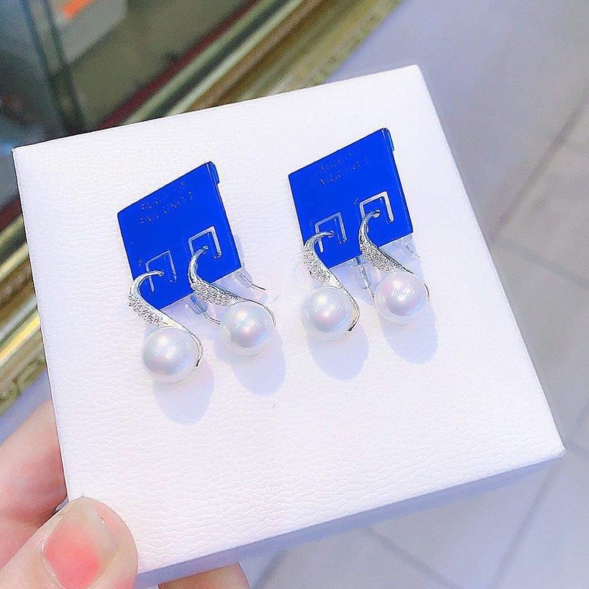 Bông tai bạc 925 ngọc trai nhân tạo, Khuyên tai bạc 925 đính đá đẹp Minh Hằng Jewelry