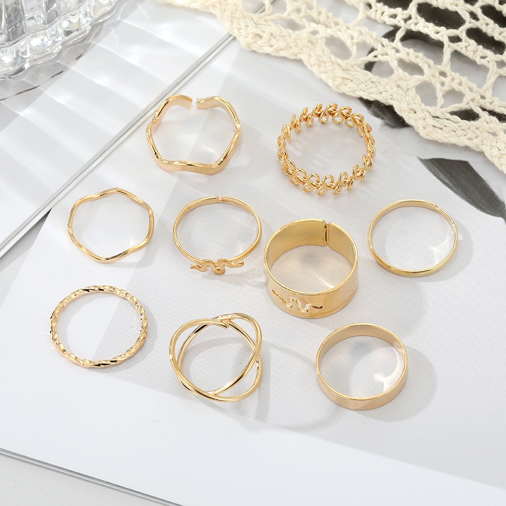 Set 9 Nhẫn Kim Loại Hoạ Tiết Hình Học/Rắn Sóng