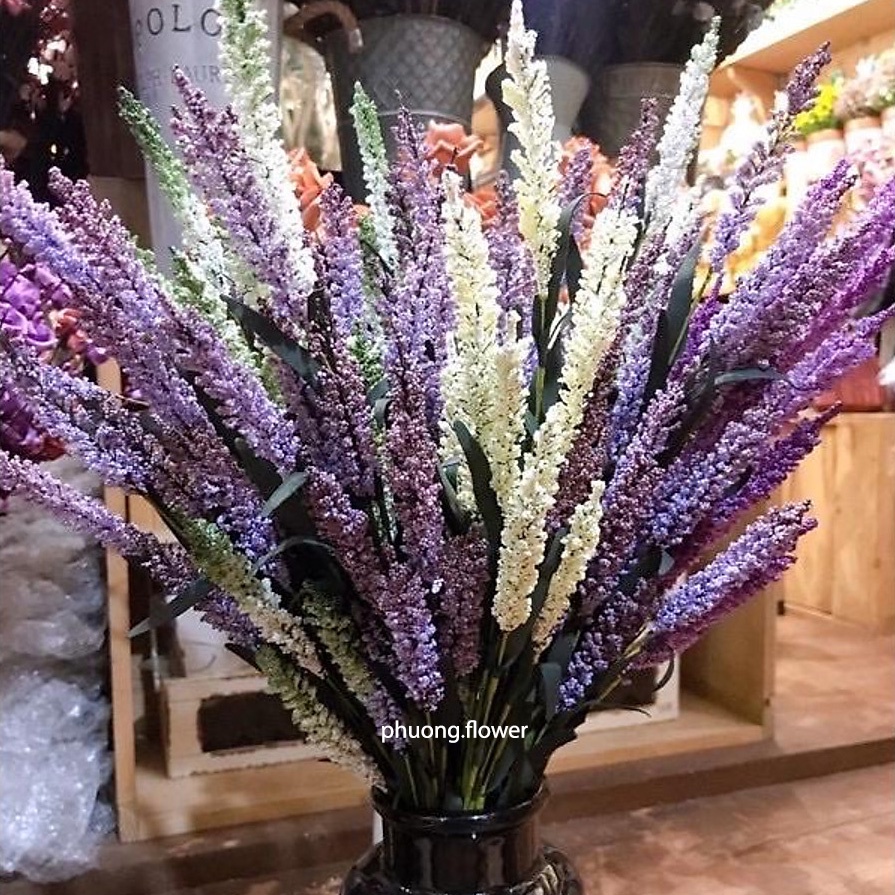 Cành hoa oải hương lavender giả nhân tạo dài 60cm 12 hoa loại lá nhọn đậm cắm chậu trang trí tuyệt đẹp