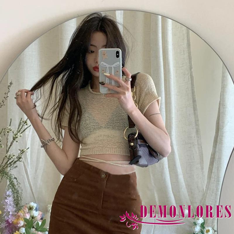 Áo Croptop Dệt Kim Mỏng Tay Ngắn Cổ Tròn Màu Trơn Phối Dây Buộc Sau Lưng Thời Trang Mùa Hè Cho Nữ
