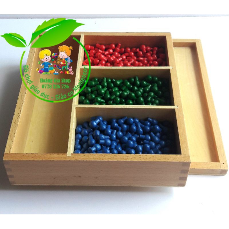 Giáo cụ Montessori - Hộp đựng các hạt xanh lá, xanh dương, đỏ