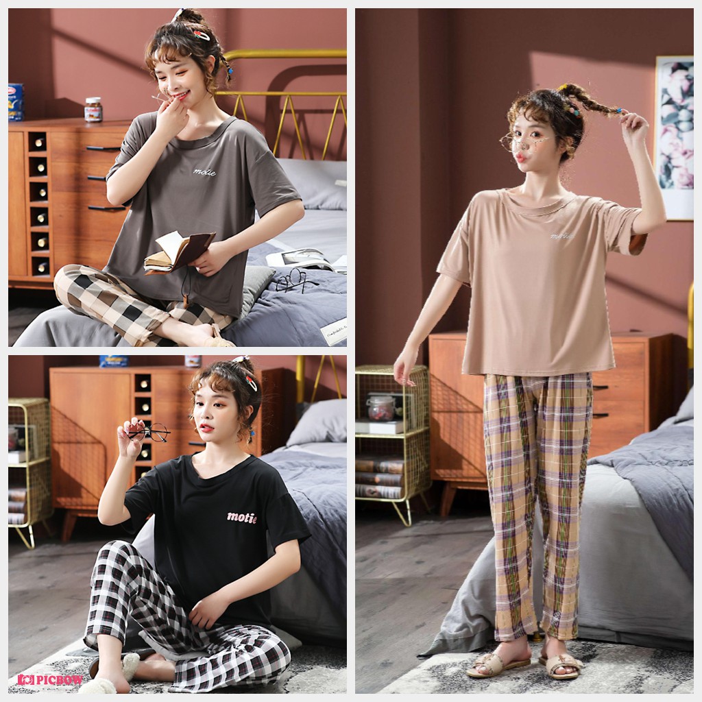 Bộ Ngủ, Set Mặc Nhà Cộc Dài Áo Trơn Quần Caro vải cotton thun sữa CDTT01
