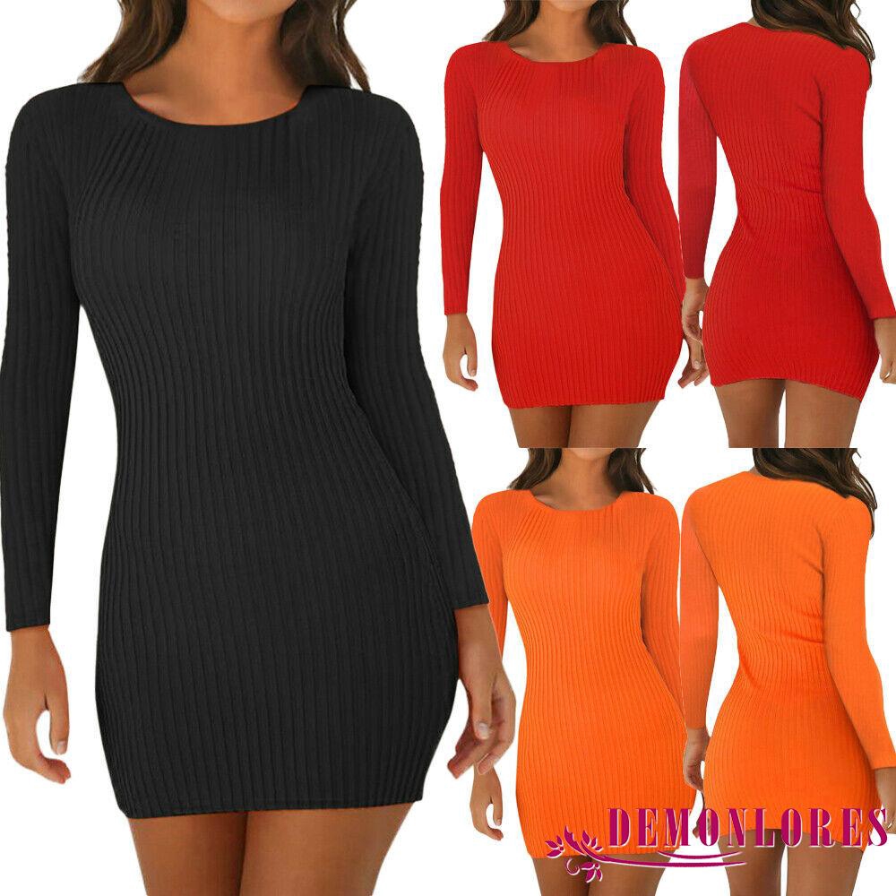 ❀DEM☞Women Ladies Long Sleeve Solid Dresses Skinny Slim Knitted Stretch Bodycon Party Evening Cocktail Short Mini Dress