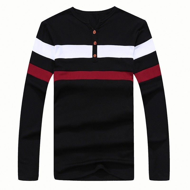 Áo thun nam tay dài cổ tròn đính nút chất thun cotton phối màu sọc ngang, mẫu áo thun nam ulzzang thời trang thu đông