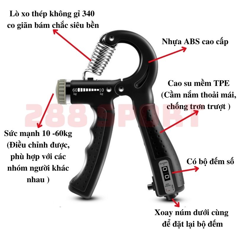 Kìm bóp tay có đếm số, dụng cụ tập cơ tay tập gym tại nhà điều chỉnh lực 5 - 60 kg