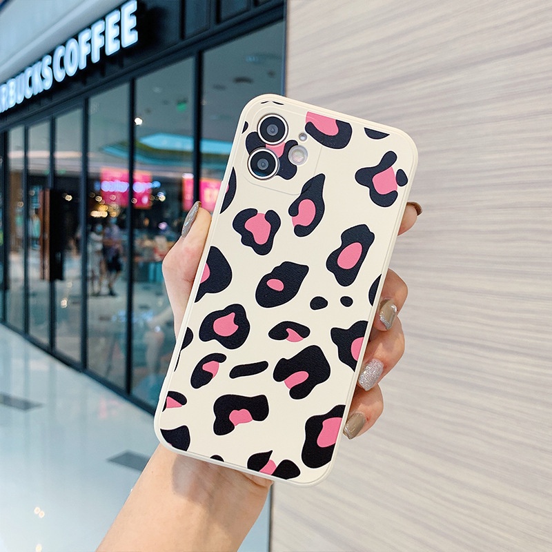 Ốp lưng iphone cạnh vuông Hoa văn da báo hồng và mây đỏ dành cho iphone 6 đến 14promax - E216