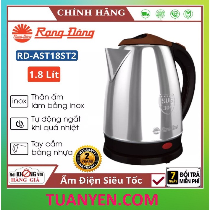 [giao hỏa tốc 1h] Ấm điện siêu tốc 1,8 lít Rạng Đông Inox 304 cao cấp RD-AST18ST2