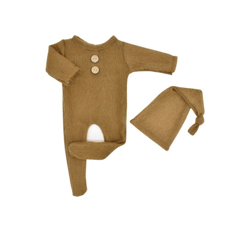 Set romper + mũ chóp dài bằng len dệt kim đạo cụ chụp ảnh cho bé sơ sinh