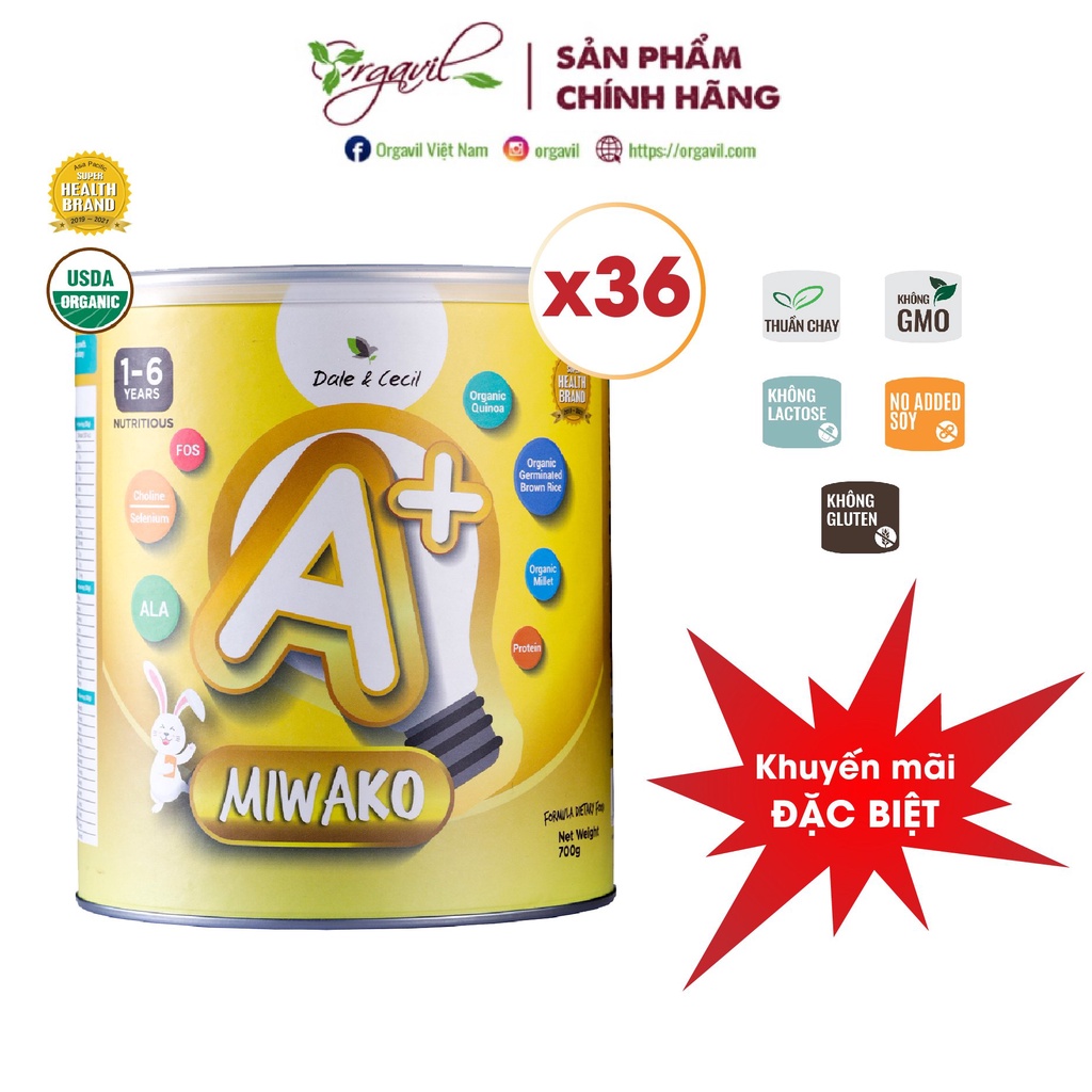 Combo 3 Thùng Sữa Hữu Cơ Vị Gạo Bổ Sung Omega 3 Miwako A+ 700g - Orgavil - Sữa Công Thức Thực Vật Miwako - Orgavil