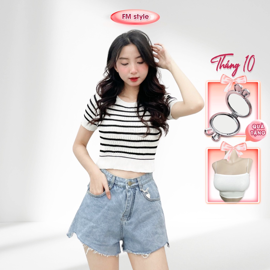 Áo kiểu nữ FM Style cổ tròn hoạ tiết sọc chất len dệt kim mỏng thời trang mùa hè 206130004