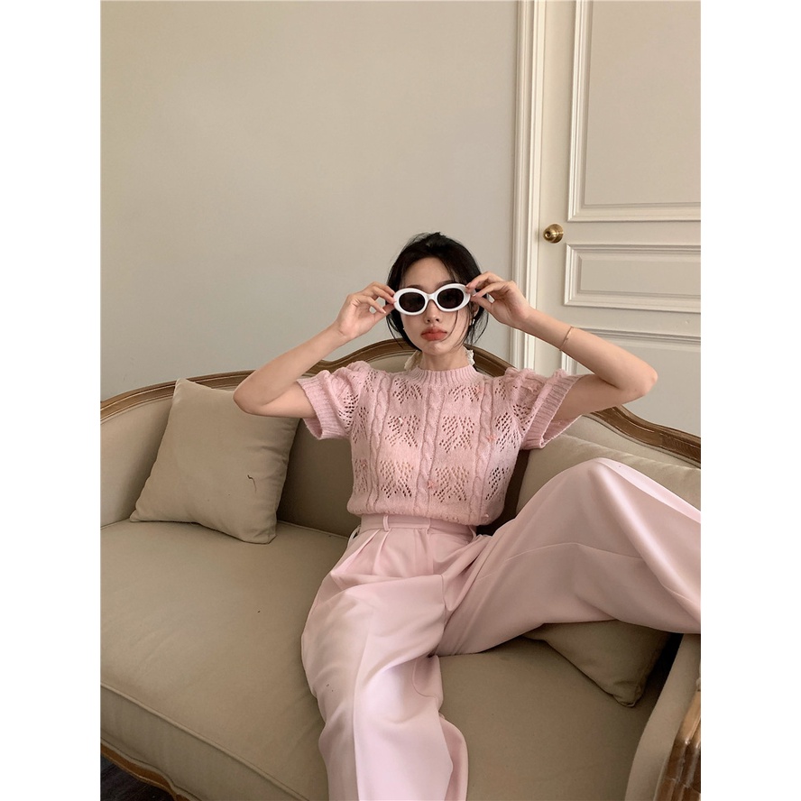 Porozi  Trang phục  áo thun dệt kim ngắn tay cổ tròn/ quần dài lưng cao thời trang nữ
