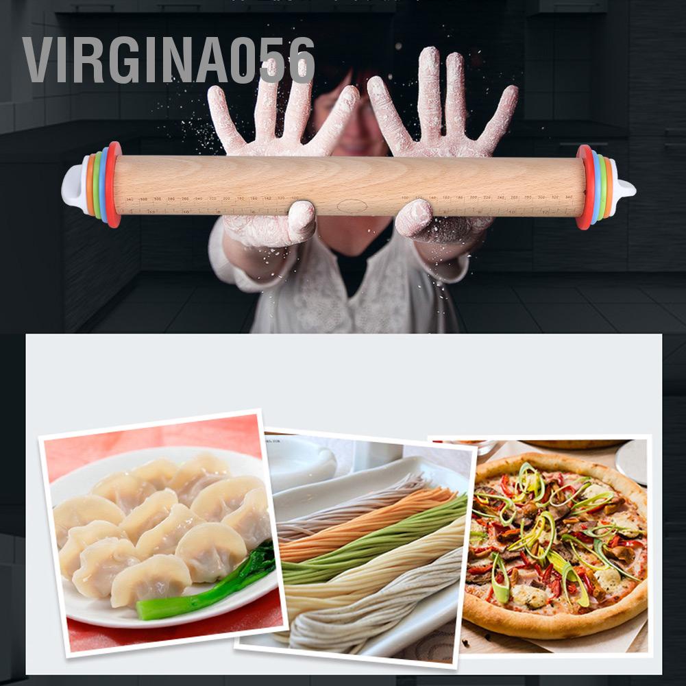 Virgina056 Wood Adjustable Thickness Rolling Pin Flour Stick Dough Rollers Handle with Scale for Kitchen/Bakery
