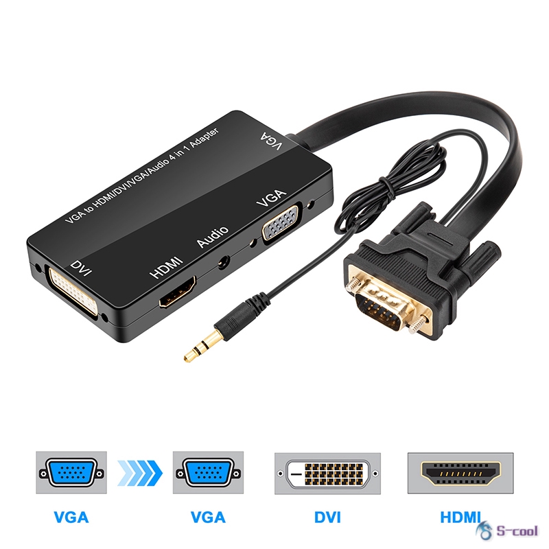 4-in-1 VGA to VGA HDMI DVI Adapter Audio Output Converter for Desktop Laptop PC