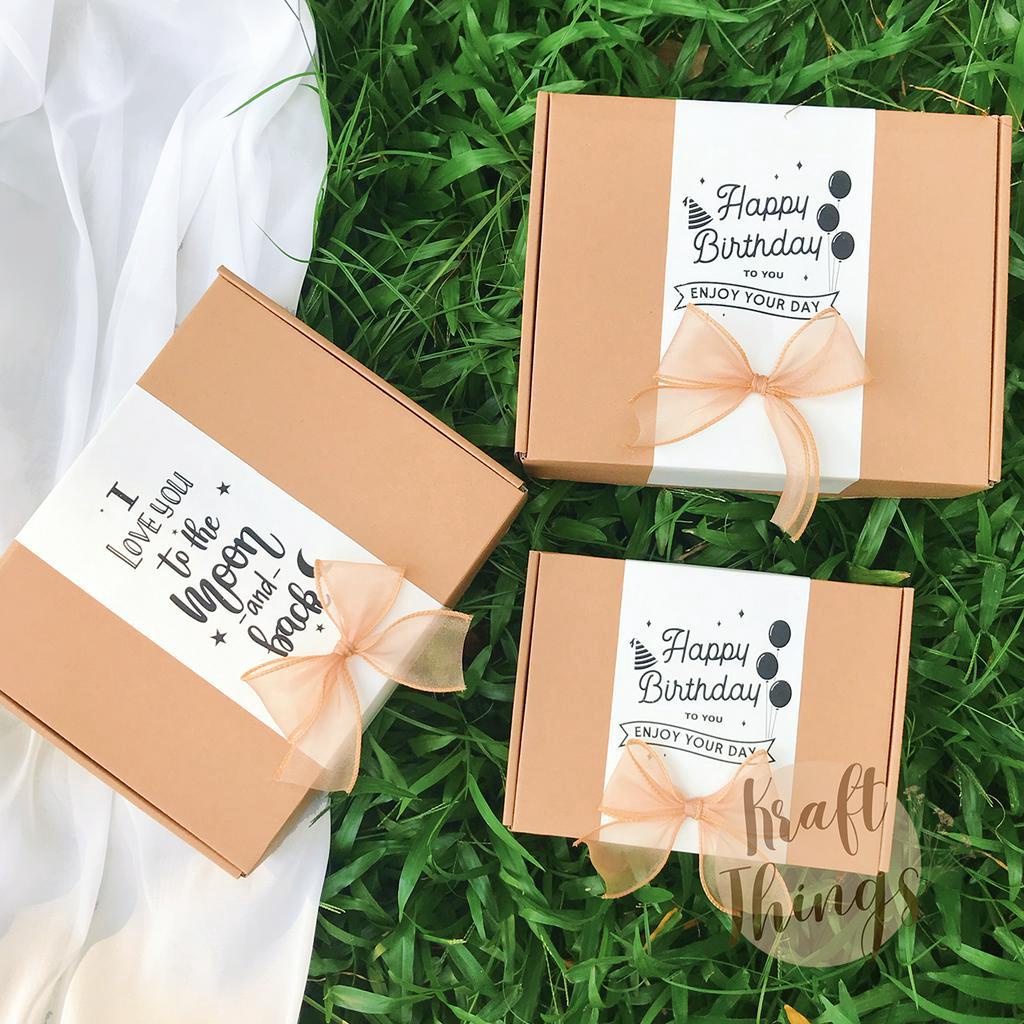 COMBO Hộp quà + túi + thiệp + rơm vintage nhiều chủ đề cỡ nhỏ 20x15x6cm CB2 Kraft Things