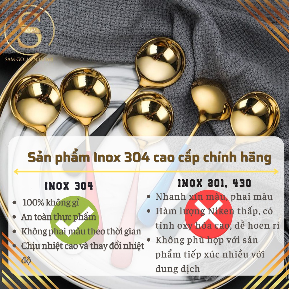 Muỗng Thìa Ăn Cơm Inox 304 Cao Cấp Không GỈ Vàng Windsor Gold Cán Màu