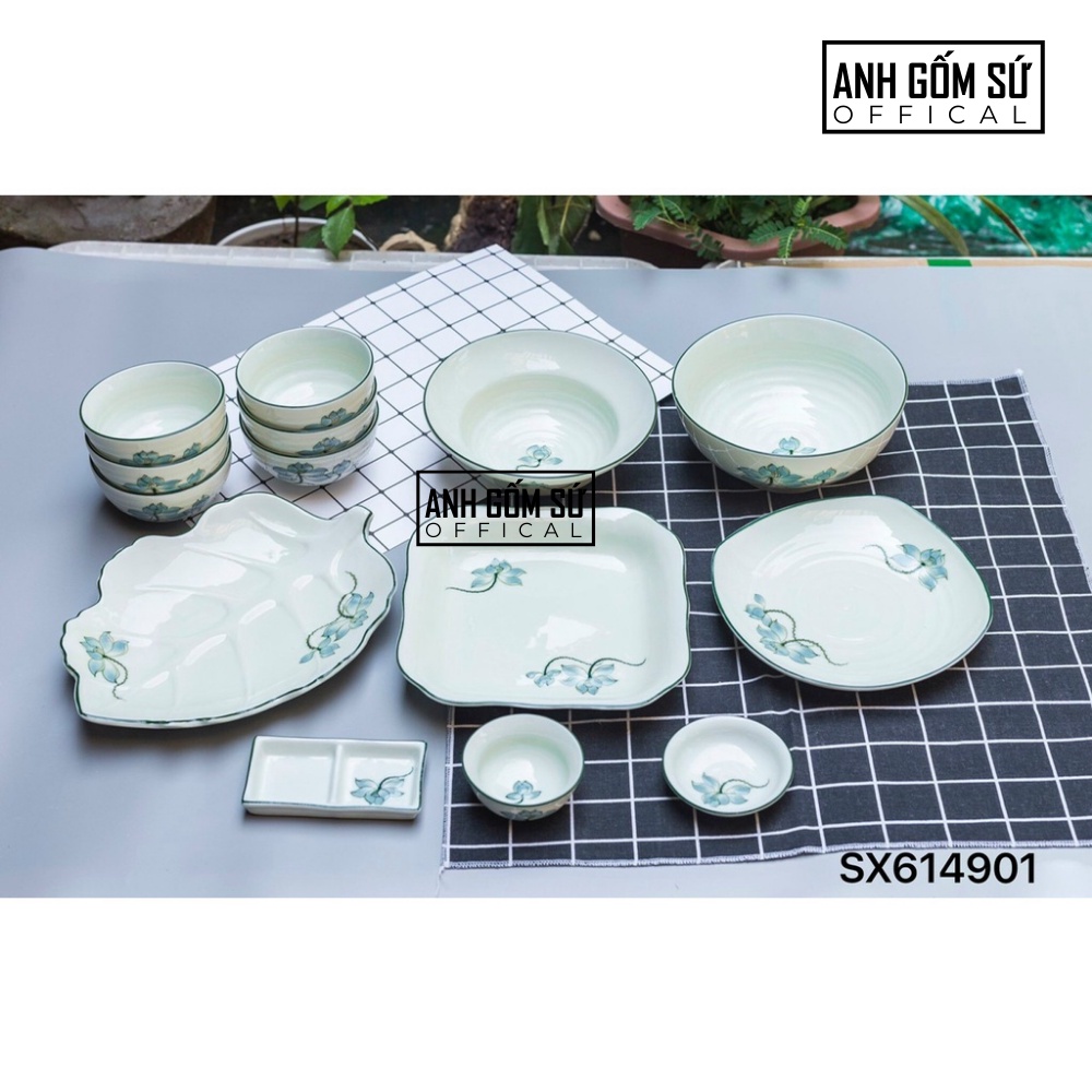 Bộ bát đĩa sứ Bát Tràng, bộ chén dĩa ăn cơm gia đình men kem họa tiết sen xanh, có bán các món lẻ