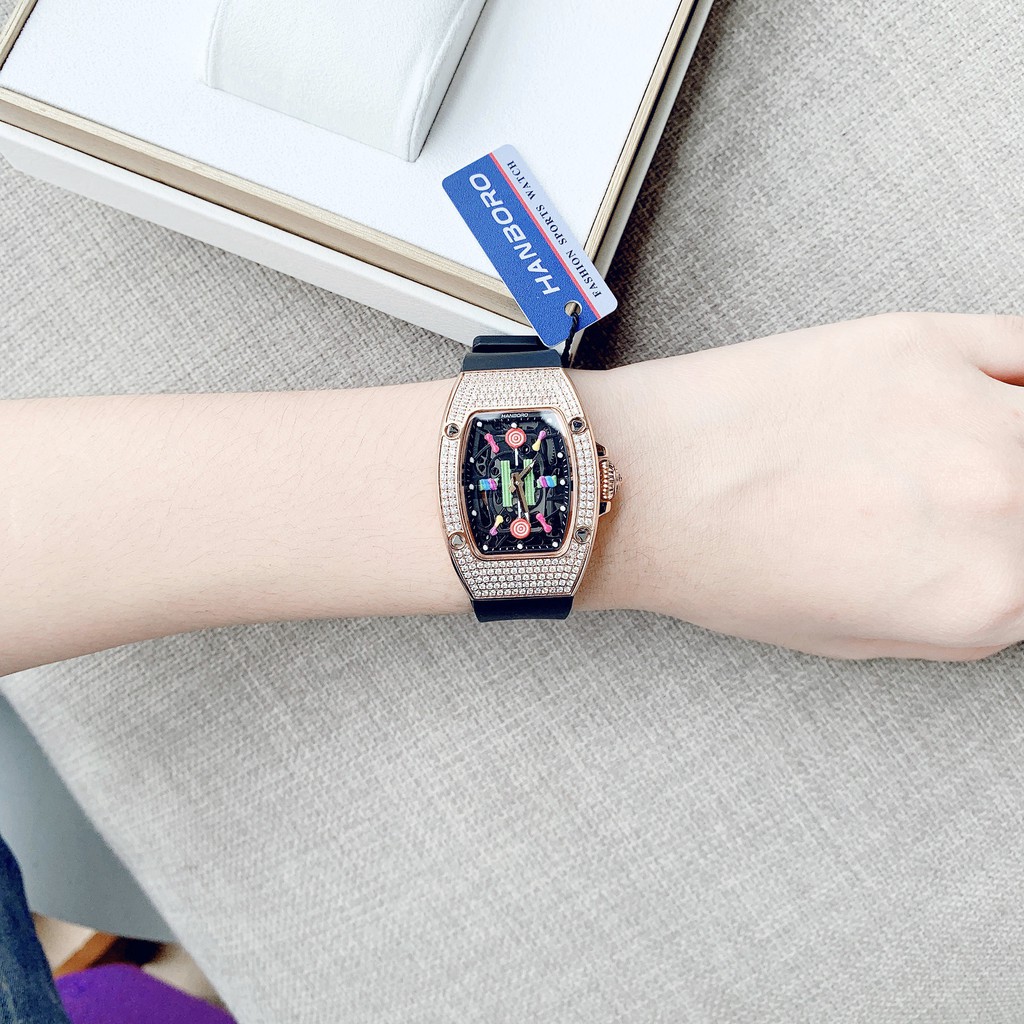 Đồng Hồ Huboler Hanboro Nữ Dây Da Silicon Đen Mặt Sắc Màu Rose Gold Authentic 31x42mm