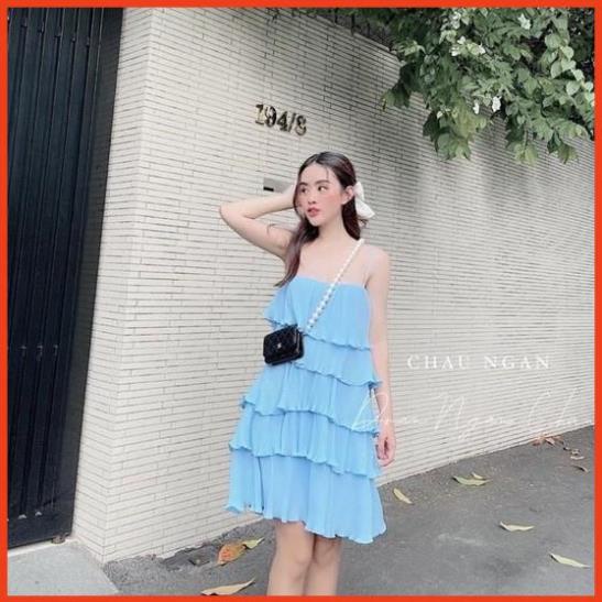Váy Nhiều Tầng Xếp Ly Hai Dây Nữ Màu Xanh Dương 💘 Chất Đẹp 💘
