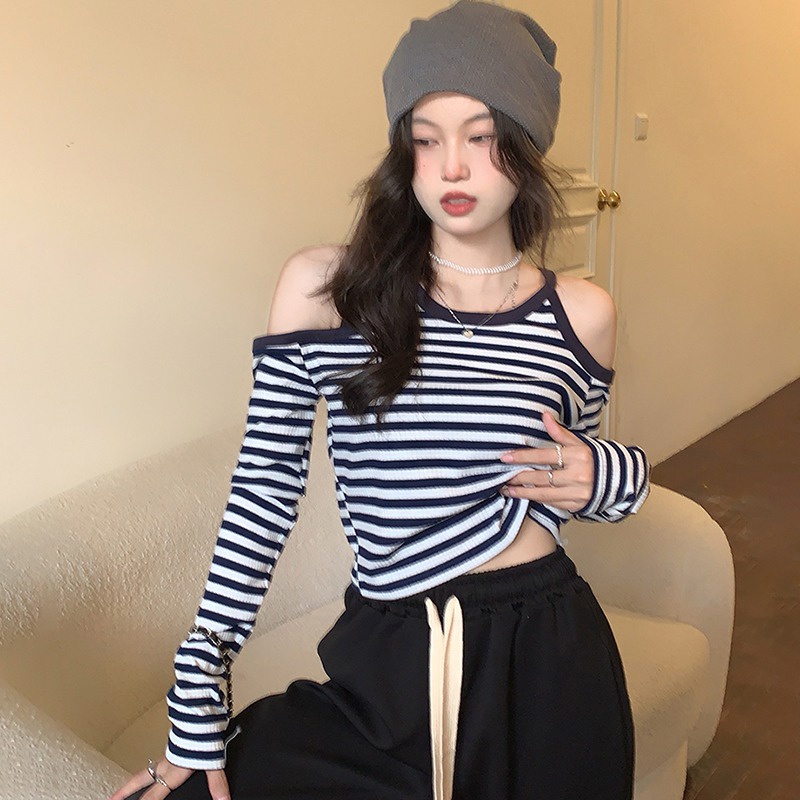 Áo Dệt Kim Nữ Trễ Vai Tay Dài Kẻ Sọc Thời Trang Hàn Quốc
