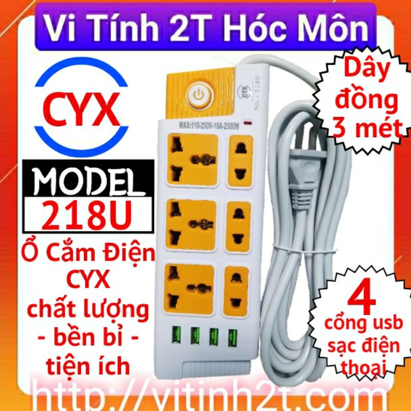 Ổ cắm điện CYX 218U 6 lỗ cắm 4 cổng usb sạc nhanh,dây đồng nguyên chất cực tốt Vi Tính 2T