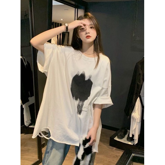 Áo thun PEWARN tay ngắn dáng rộng thiết kế rách phong cách Hàn Quốc thời trang mùa hè 2022