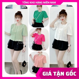 Áo kiểu nữ phom croptop tay ngắn phối nút dễ thương chất vải xốp mềm mịn Áo kiểu nữ dễ thương MT1990