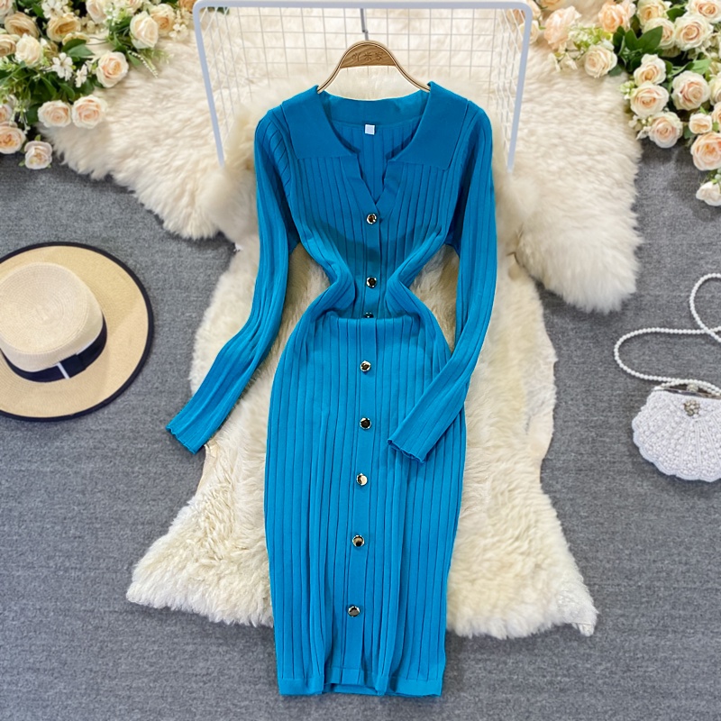 Váy dệt kim cổ chữ V chất dệt kim 4 màu dáng ôm trơn