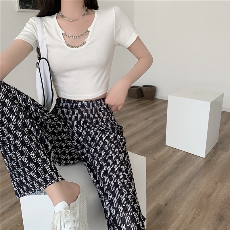Áo croptop phối xích cổ cá tính, áo kiểu A107