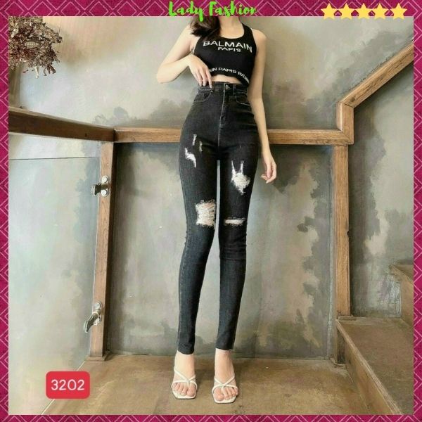 Quần Jean Nữ lưng cao 💖FREESHIP💖 Quần bò nữ đẹp phối rách gối bụi bặm mẫu mới thời trang cá tính Lady Fashion - QJN3202