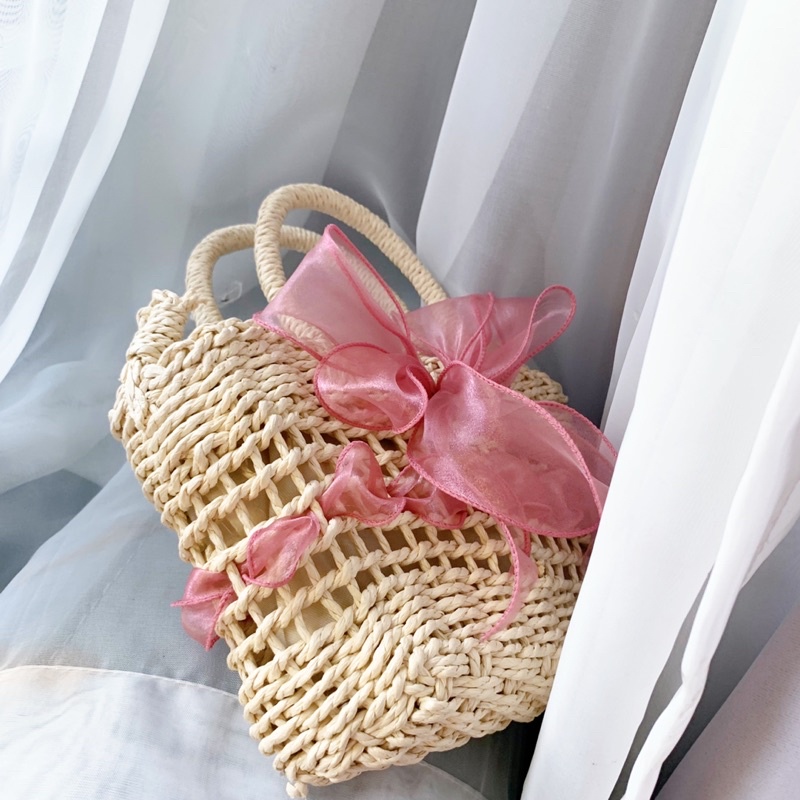 Túi cói mini đan thưa phối nơ xinh xắn đi biển picnic chụp ảnh - Tiệm Cói Cô Lê