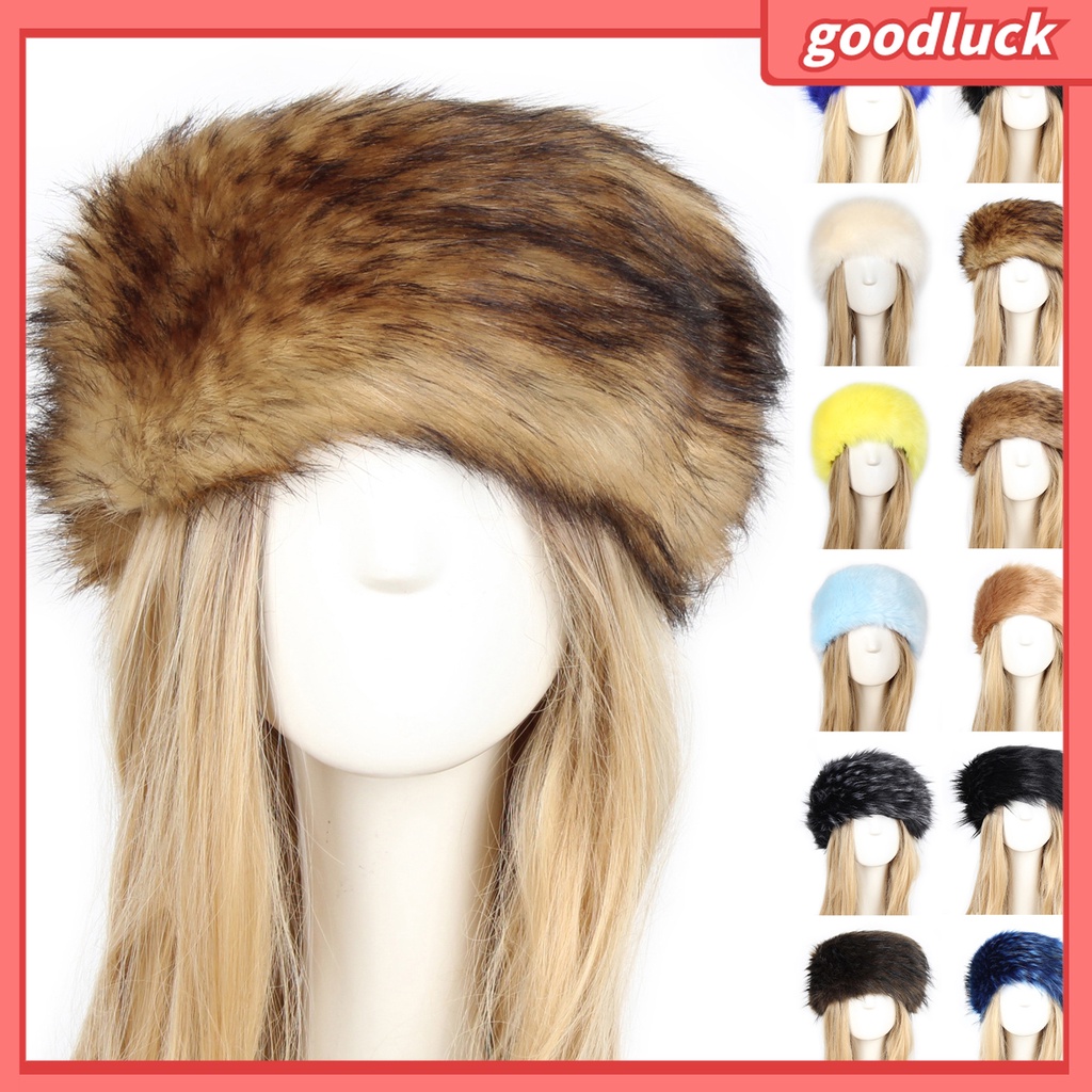 &lt; Golu &gt; Mũ Turban Rộng Vành Dày Phối Lông Giả Trượt Băng Đô Cho Nữ