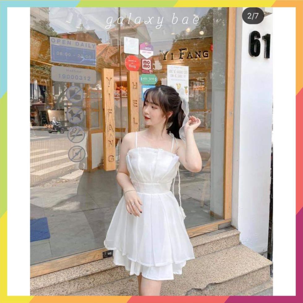 [ảnh thật] Đầm dự tiệc trắng 2 dây xếp li ngực sang trọng mã [xếp li 2 tầng hot trend] 👗 ྇!