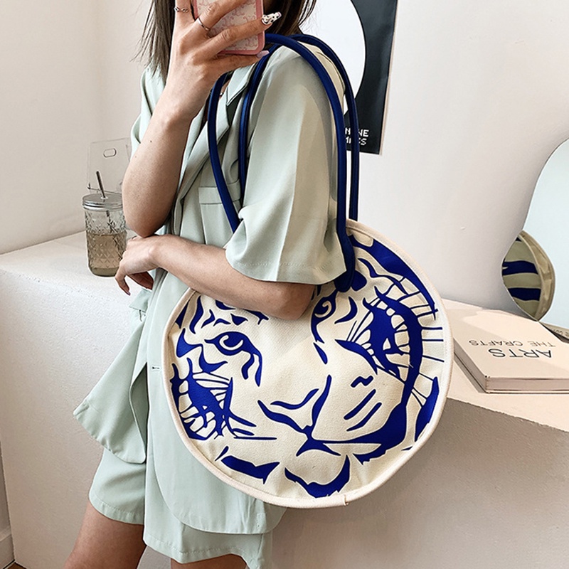 IELGY Túi Đeo Vai Vải canvas Dáng Tròn In Hình Động Vật Dễ Thương Cho Nữ