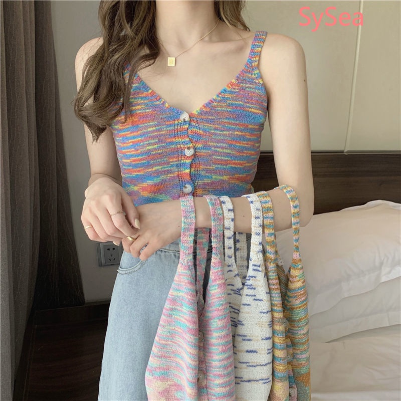 Áo Croptop Dệt Kim Sát Nách Màu Cầu Vồng Thời Trang Mùa Hè Cho Nữ