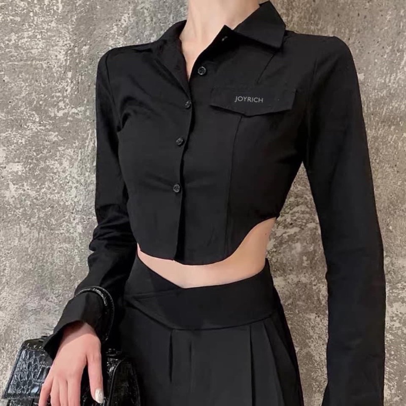 Áo Sơ Mi Croptop Joyrich Màu Đen Dáng Khoét Eo Nary Closet 2022