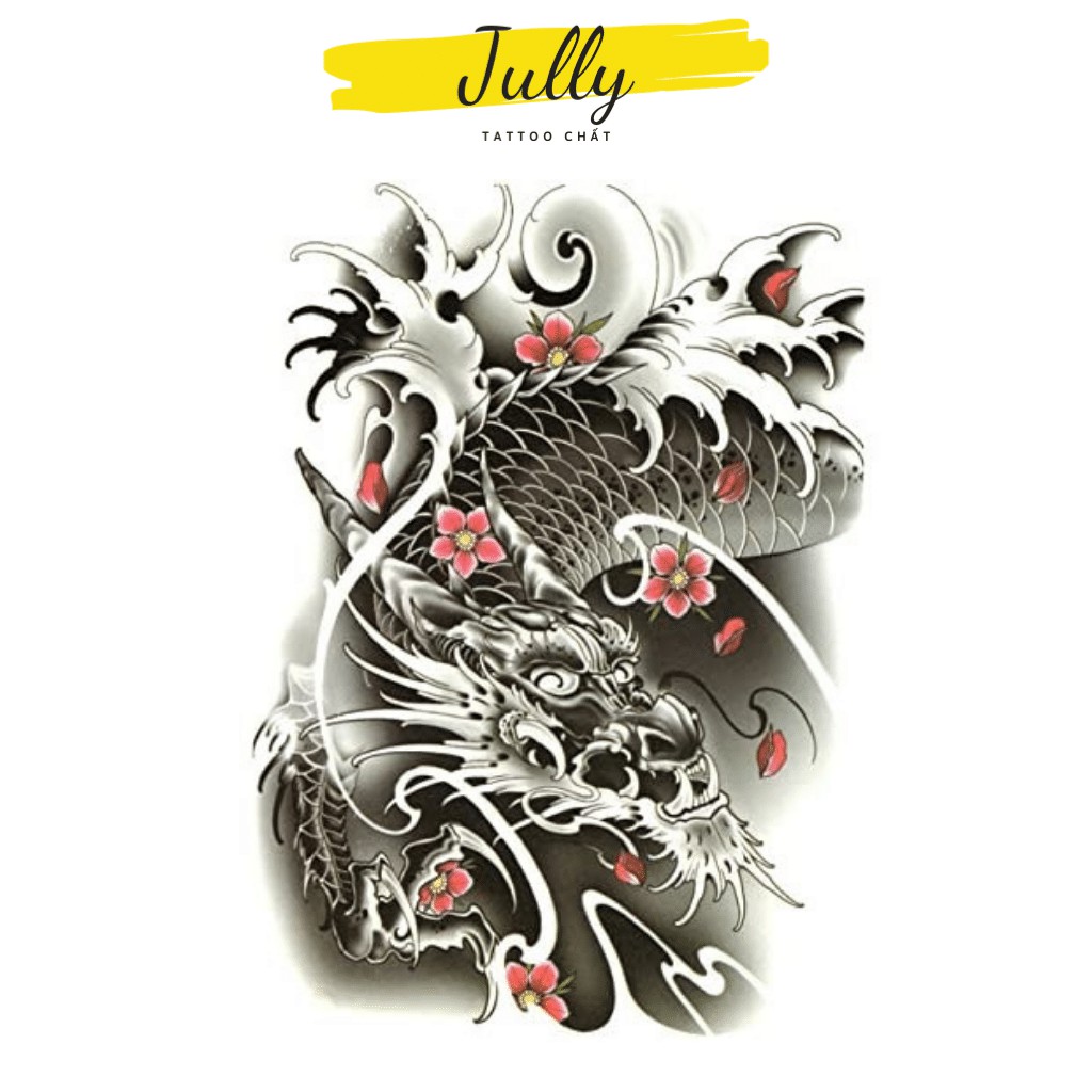 Hình xăm dán, xăm tạm thời chống nước hình cá chép hóa rồng JULLY Tattoo chất, an toàn, bền đẹp, kích thước 15x21 cm